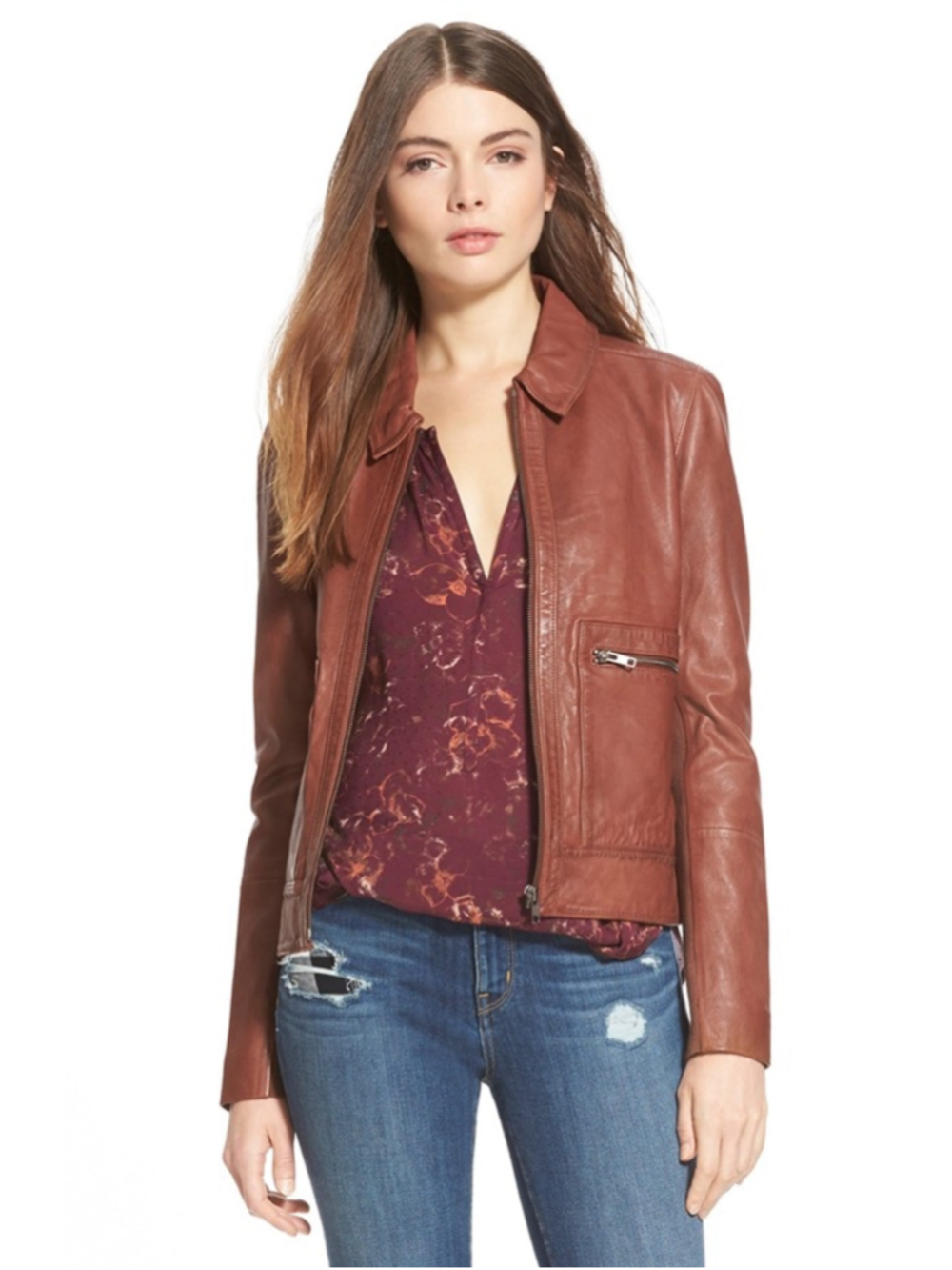 Hinge Zip Pocket Leather Jacket Brown Size 1 (19” PTP oversized) NWT